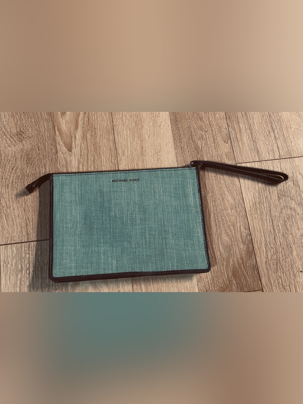 Michael Kors Teal Canvas Wristlet Pouch with Dark Brown Trim